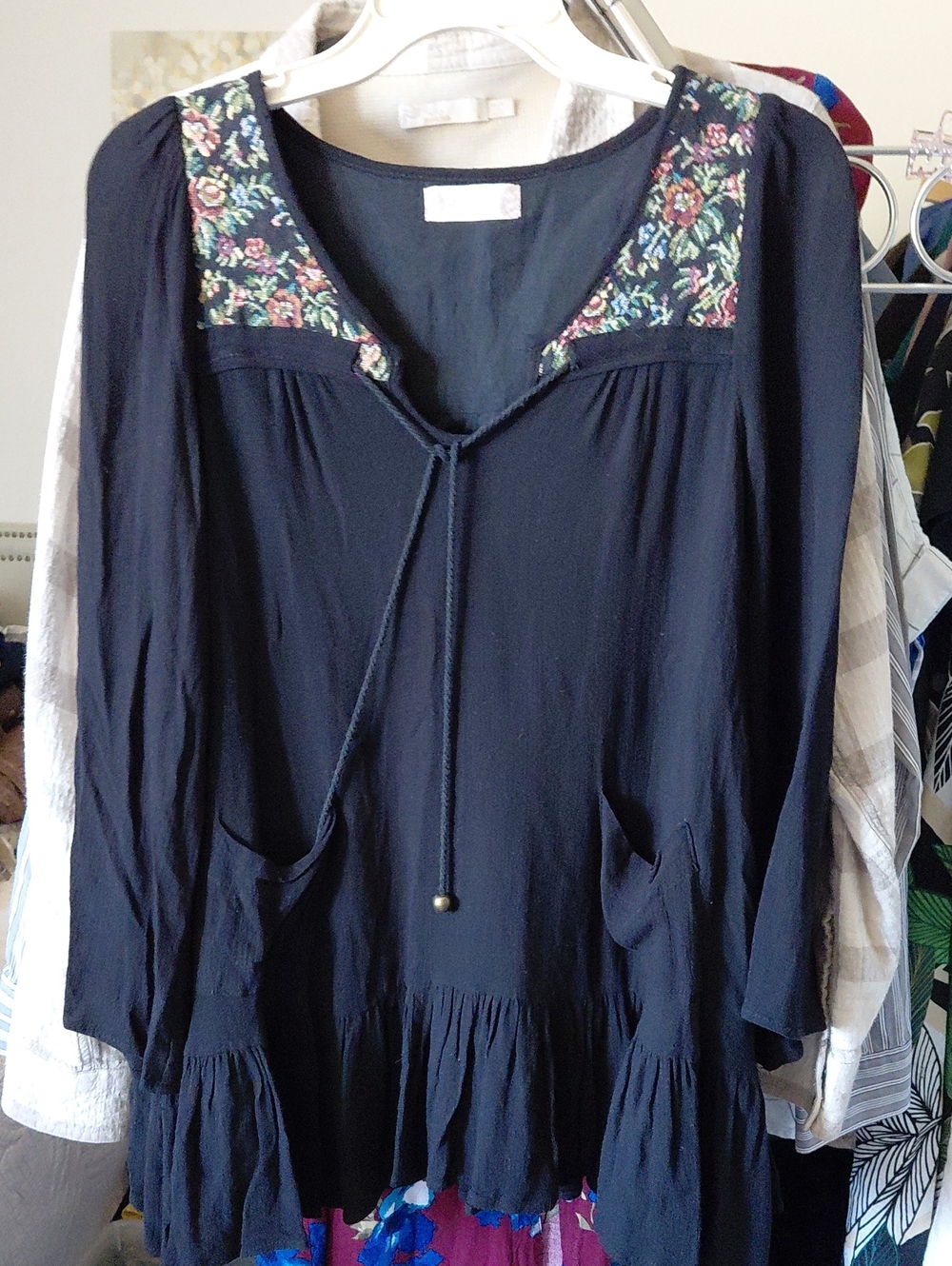 Altar'd State Navy Peasant Blouse with Floral Embroidered Yoke